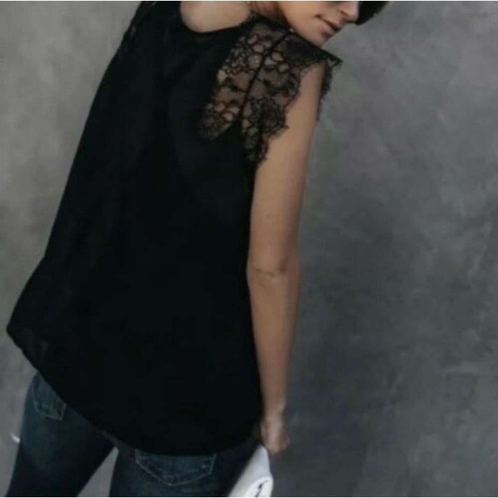 Eyelash Trim Black Sheer Lace V-Neck Sleeveless Blouse Top Medium - Picture 10 of 11